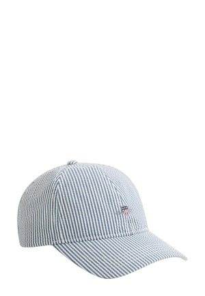 Blauw-witte baseballpet met verticale strepen, voorzien van een klein geborduurd schildlogo op het voorpaneel en een met stof beklede knoop bovenop.