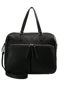 Czarna skórzana torba typu tote z dwoma przednimi kieszeniami na zamek, górnymi uchwytami oraz odpinanym paskiem na ramię. Teksturowana powierzchnia, minimalistyczny design.