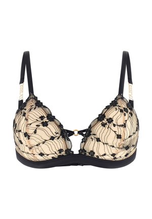 Beiger BH mit schwarzer Blumen-Spitzenüberlagerung, dünnen schwarzen verstellbaren Trägern und einem kleinen goldenen Ringdetail in der Mitte vorne.