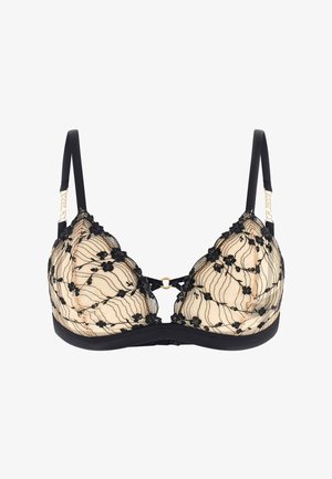 Beiger BH mit schwarzer Blumen-Spitzenüberlagerung, dünnen schwarzen verstellbaren Trägern und einem kleinen goldenen Ringdetail in der Mitte vorne.