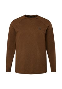 Brun langærmet t-shirt med rund hals, raglanærmer og et lille mørkt logo på forsiden. Glat tekstur, minimalistisk design.