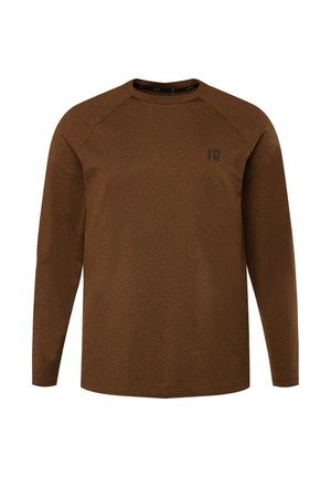 T-shirt marrone a maniche lunghe con colletto rotondo, maniche raglan e un piccolo logo di colore scuro sul davanti. Tessuto liscio, design minimale.