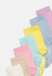 Colorful cotton ankle socks in pastel shades: pink, yellow, blue, green, beige, and white. Ribbed texture and elastic cuffs.