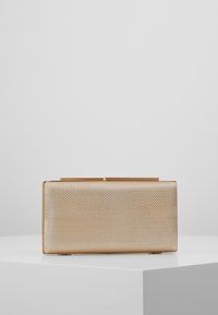 Borsa a mano rettangolare in oro con esterno a rete testurizzata, dettagli in metallo dorato e chiusura a vita. Finitura lucida, design compatto.