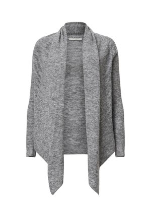 Gray knitted cardigan with long sleeves, open front, ribbed texture, and draped collar. Soft material with an asymmetric hemline.
