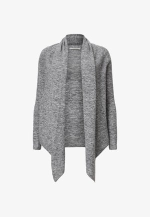 Cárdigan gris de punto con mangas largas, frente abierto, textura acanalada y cuello drapeado. Material suave con un dobladillo asimétrico.