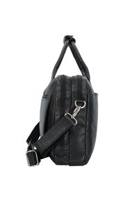 Black leather bag with two zippered compartments, flat design, short handle, and detachable shoulder strap. Smooth texture and metallic hardware.