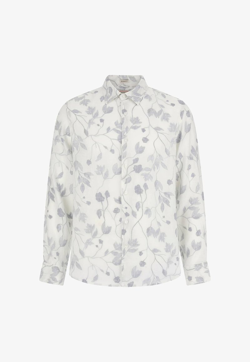 Balta lininė marškiniai su pilku gėlių raštu, su mygtukais priekyje, ilgomis rankovėmis ir įprasto silueto dizainu.