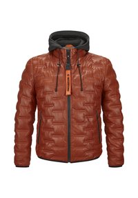 Braune Pufferjacke mit strukturierter Oberfläche, Reißverschluss vorne, abnehmbarer grauer Kapuze und zwei Seitentaschen. Verfügt über ein markiertes orangenes Etikett.