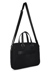 Czarna torba na laptopa z tkaniny z podwójnymi uchwytami u góry i regulowanym paskiem na ramię; wyróżnia się gładką fakturą oraz wytłoczonym logo na przedniej panele.