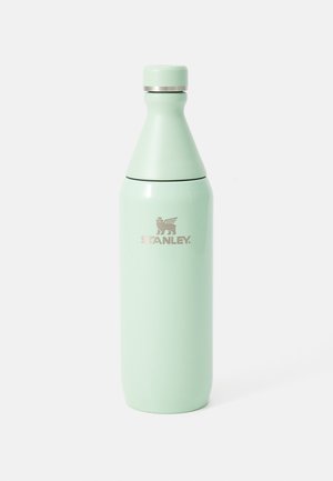 Stainless steel water bottle with a mint green exterior, tapered shape, screw-on lid, and silver accent, featuring "STANLEY" logo.