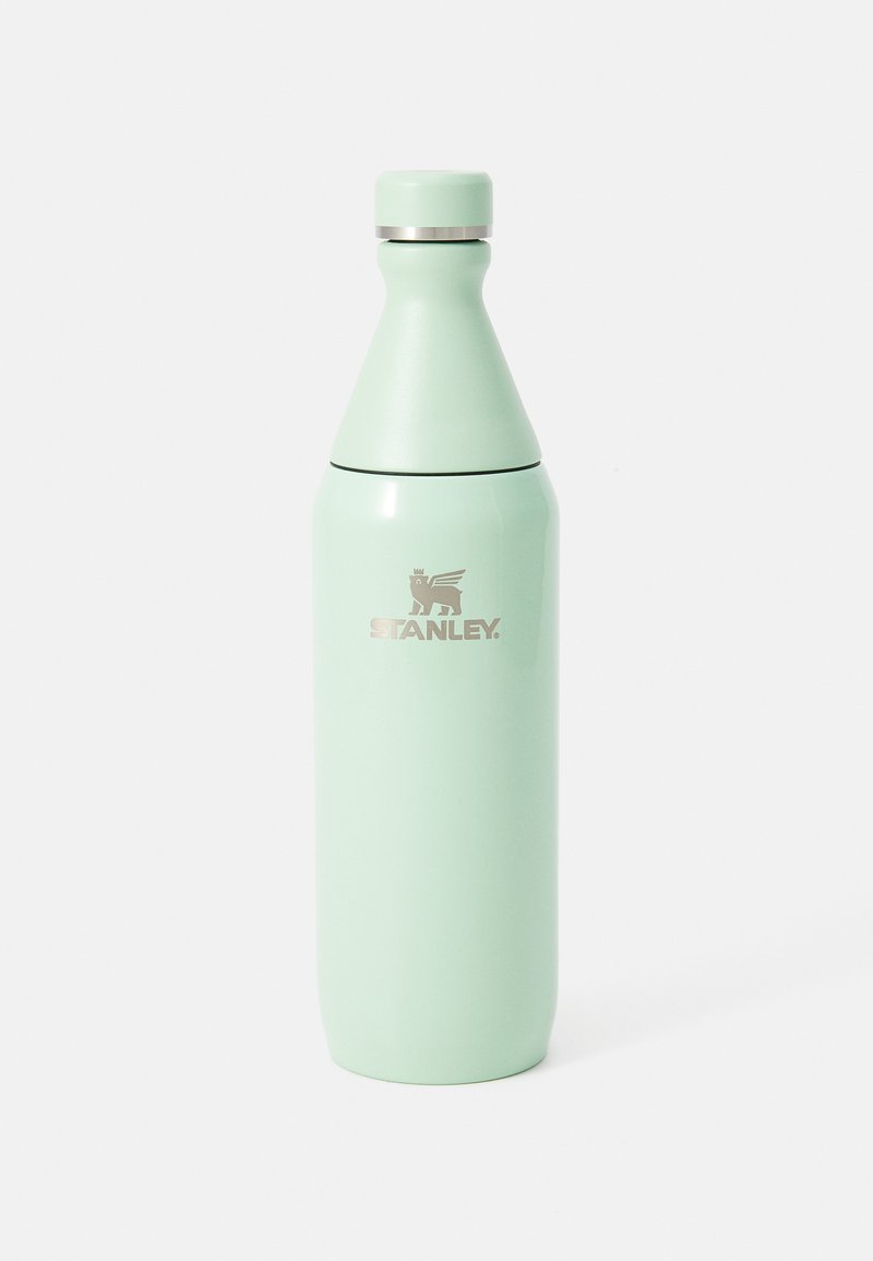 Stainless steel water bottle with a mint green exterior, tapered shape, screw-on lid, and silver accent, featuring "STANLEY" logo.