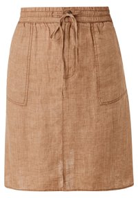 Mini gonna in lino marrone con vita elastica, fiocco frontale e due grandi tasche cucite.