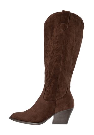 Bruine suède cowboylaars met puntige neus, geborduurde details, zijritsje en gestapelde blokhak.