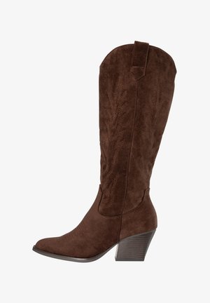 Bruine suède cowboylaars met puntige neus, geborduurde details, zijritsje en gestapelde blokhak.