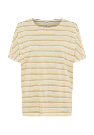 Kortærmet T-shirt med rund hals og vandrette striber i beige, gul og hvide toner, ensfarvet baggrund, mærkat med teksten "Brax".