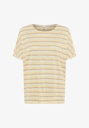 Kortærmet T-shirt med rund hals og vandrette striber i beige, gul og hvide toner, ensfarvet baggrund, mærkat med teksten "Brax".