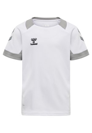 Hvid T-shirt med korte ærmer til sport med grå detaljer på skuldrene, en rund halsudskæring og et logo trykt på brystet. Glat tekstur.