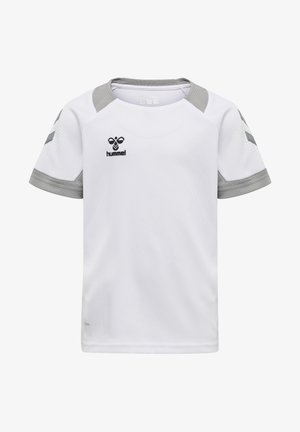 Hvid T-shirt med korte ærmer til sport med grå detaljer på skuldrene, en rund halsudskæring og et logo trykt på brystet. Glat tekstur.