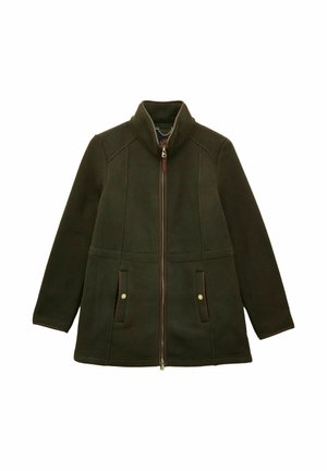 Dark green fleece jacket with stand collar, full front zipper, and two front pockets with button closures.