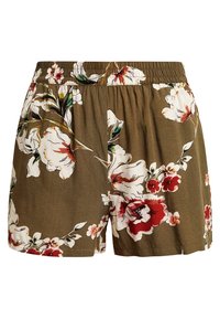 Shorts à imprimé floral avec une ceinture élastique. Couleur de base vert olive avec de grandes fleurs blanches et rouges. Tissu doux, coupe décontractée.