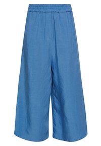 Blauwe, wijde culottes met een elastische tailleband, gemaakt van een lichtgewicht materiaal, met een gladde textuur en zonder zichtbare zakken.