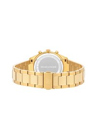 Gouden roestvrijstalen chronograaf horloge met een schakelarmband, zilveren achterkant en een klapsluiting. Kenmerken zijn een gestructureerd oppervlak en opvallende knoppen.