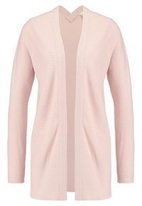 Ljusrosa cardigan med ribbat mönster, öppen frontdesign, långa ärmar och v-ringning. Ingen stängning, slät tyg.