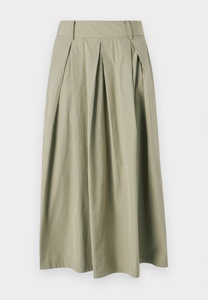 Pleated midi skirt in light olive green, made from lightweight fabric with a smooth texture. Features a high waist and a flowy silhouette.