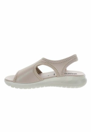 Sandale beige à bout ouvert avec semelle rembourrée, découpes latérales et bride arrière pour un maintien sécurisé, conçue pour un port confortable et décontracté.