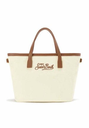 Borsa a mano color crema con manici e rifiniture in pelle marrone, con la scritta "MC2 Saint Barth" ricamata sul davanti.