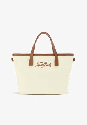 Borsa a mano color crema con manici e rifiniture in pelle marrone, con la scritta "MC2 Saint Barth" ricamata sul davanti.