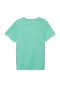 T-shirt z krótkim rękawem w miętowym kolorze, wykonany z miękkiej bawełny. Posiada okrągły dekolt i prosty design. Brak logo lub wzorów.