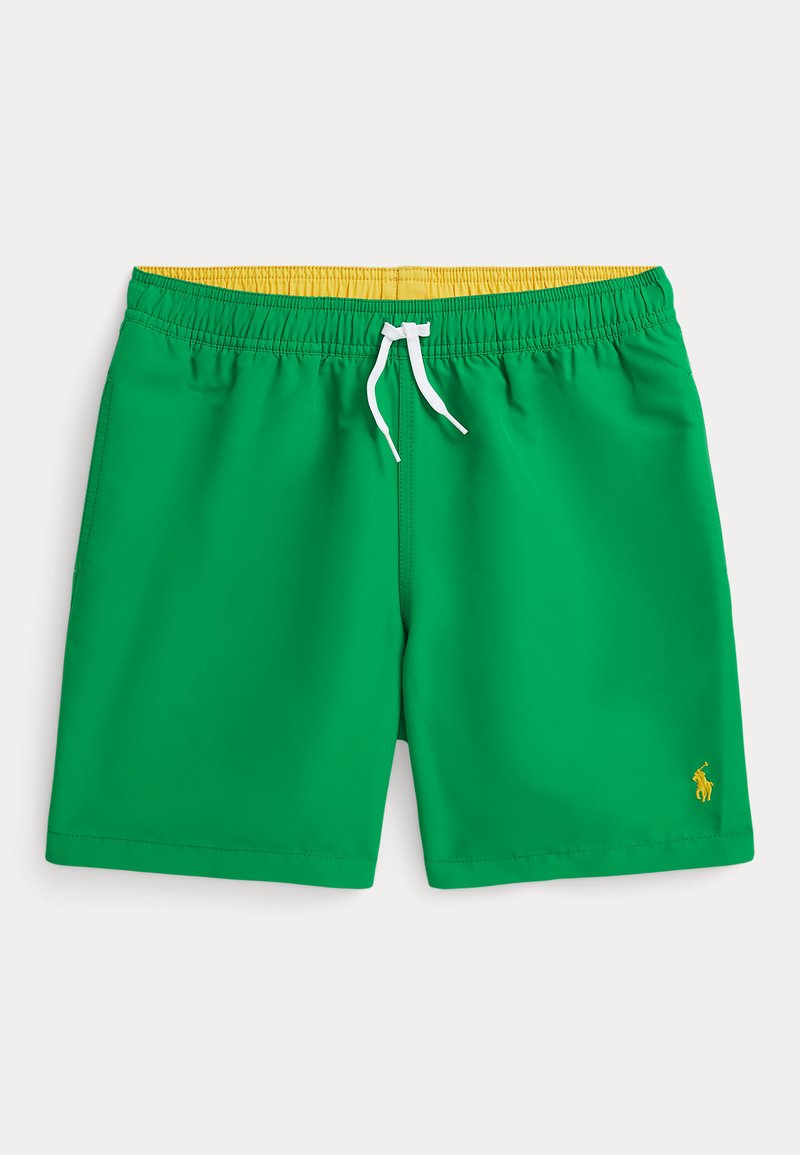 Calções de banho verdes com uma faixa elástica amarela na cintura, cordão branco e um pequeno logótipo amarelo no canto inferior direito da frente. Material suave.