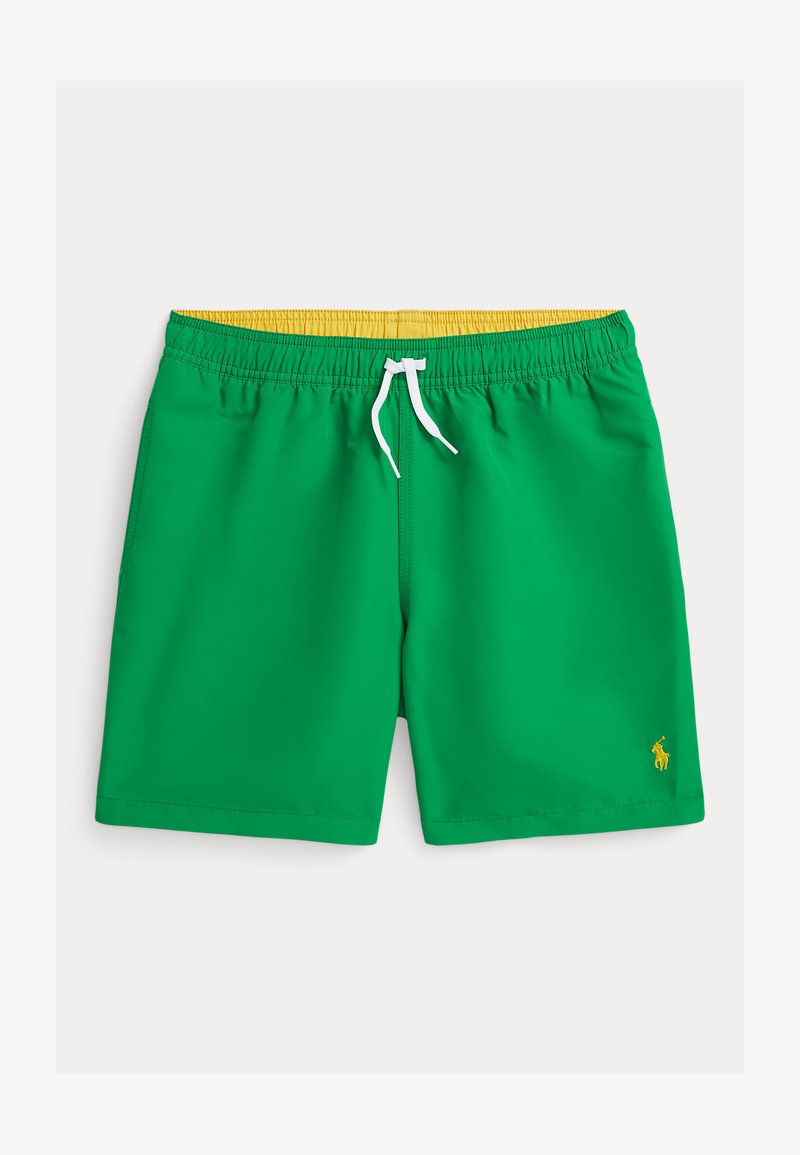 Calções de banho verdes com uma faixa elástica amarela na cintura, cordão branco e um pequeno logótipo amarelo no canto inferior direito da frente. Material suave.