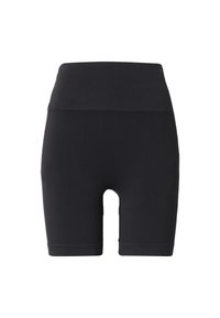 Melnas augsto jostasvītru šorti, izgatavoti no gludas, stiepjamas auduma. Iespējo pieguļošs dizains un ceļa garuma griezums ar tīru apdari. Nav redzamu detaļu.