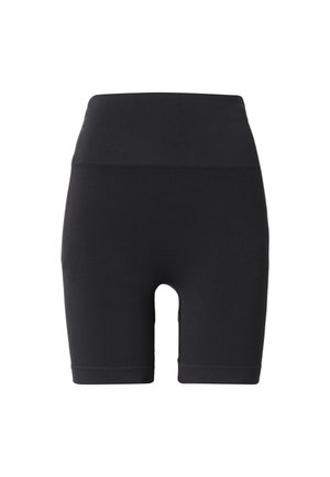 Černé pohodlné kraťasy s vysokým pasem vyrobené z hladkého, elastického materiálu. Mají přiléhavý design a délku k kolenům s čistým lemem. Žádné viditelné detaily.