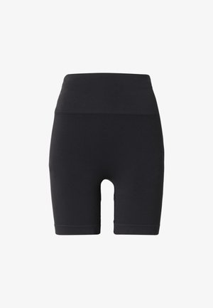 Černé pohodlné kraťasy s vysokým pasem vyrobené z hladkého, elastického materiálu. Mají přiléhavý design a délku k kolenům s čistým lemem. Žádné viditelné detaily.