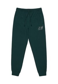 Dunkelgrüne Sweatpants aus weichem Stoff, mit einem elastischen Bund und Kordelzug sowie einem kleinen weißen Logo auf dem linken Oberschenkel.