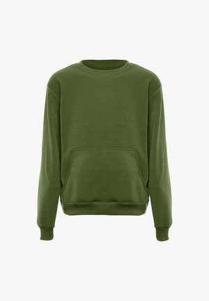 Groene sweatshirt van zachte stof, met een ronde hals, lange mouwen en een voorzak. Ribgebreide manchetten en zoom zorgen voor structuur.