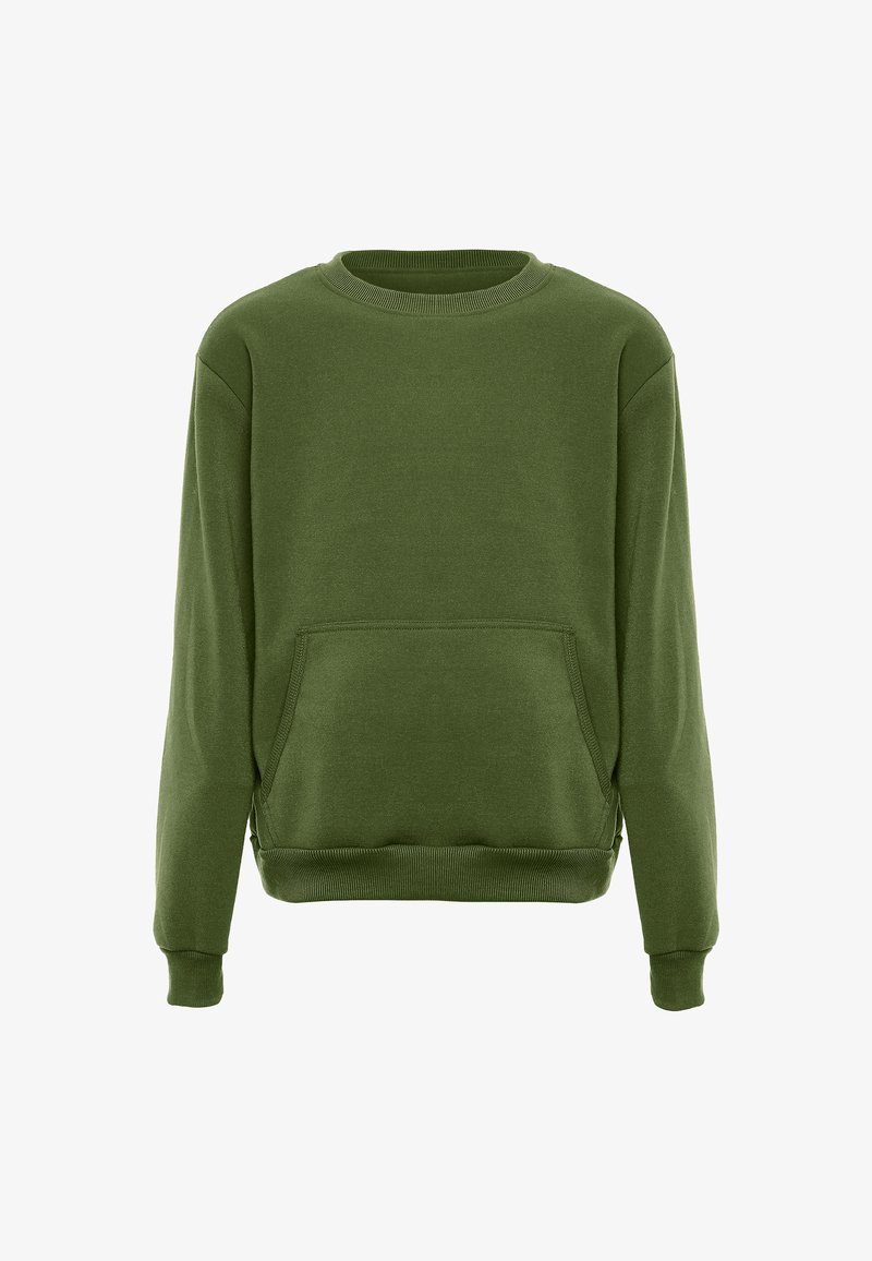 Felpa verde realizzata in tessuto morbido, con scollo rotondo, maniche lunghe e una tasca frontale. I polsini e l'orlo a coste conferiscono struttura.