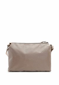Borsa a tracolla beige con texture, chiusura con zip, dotata di tracolla removibile e design liscio e minimalista.