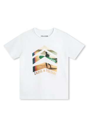 Witte t-shirt met korte mouwen, voorzien van een kleurraf, geometrisch grafisch ontwerp met een surfer-silhouet en de tekst "ZADIG & VOLTAIRE" eronder.