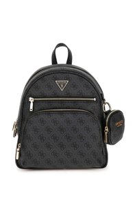 Schwarzer Rucksack mit runder Form, Logo-Plakette, zwei Reißverschlussfächer, strukturiertem Material und abnehmbarem Mini-Beutel.