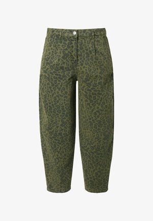 Grønne leopardmønstrede bukser med høj talje, der har knaplukning og sidelommer. Stoffet har en glat og holdbar tekstur.