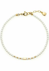 Bracciale di perle bianche con accenti dorati, dotato di chiusura a granchio e catena regolabile. Le perle sono lisce e di forma rotonda uniforme.