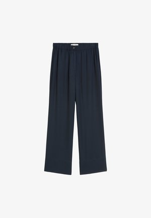 Navy wide-leg trousers made of smooth fabric, featuring an elastic waistband and a button detail, with a straight, flowing design.