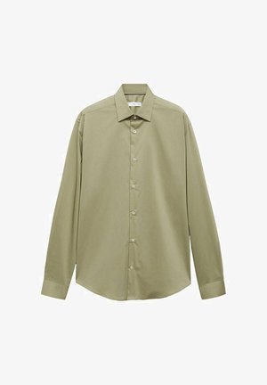 Svetlozelená košeľa s dlhým rukávom vyrobená z hladkej tkaniny. Má špicatý golier, predné zapínanie na gombíky a zakrivený lem.