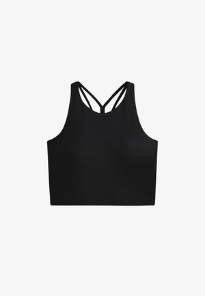 Črn športni crop top z gladko teksturo, ki ima visok ovratnik in dvojne križaste naramnice na hrbtu. Preprost, funkcionalen dizajn.