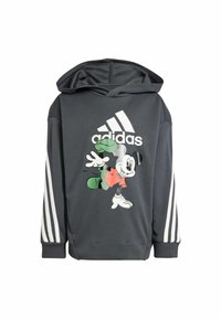 Felpa grigia con cappuccio realizzata in tessuto felpato, caratterizzata da una grafica frontale di un personaggio dei cartoni animati, con logo Adidas bianco e nero e maniche a tre righe.